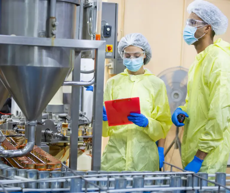 pest control Two professionals in protective gear discussing HACCP pest control procedures in a food processing facility in Dubai. PIPM