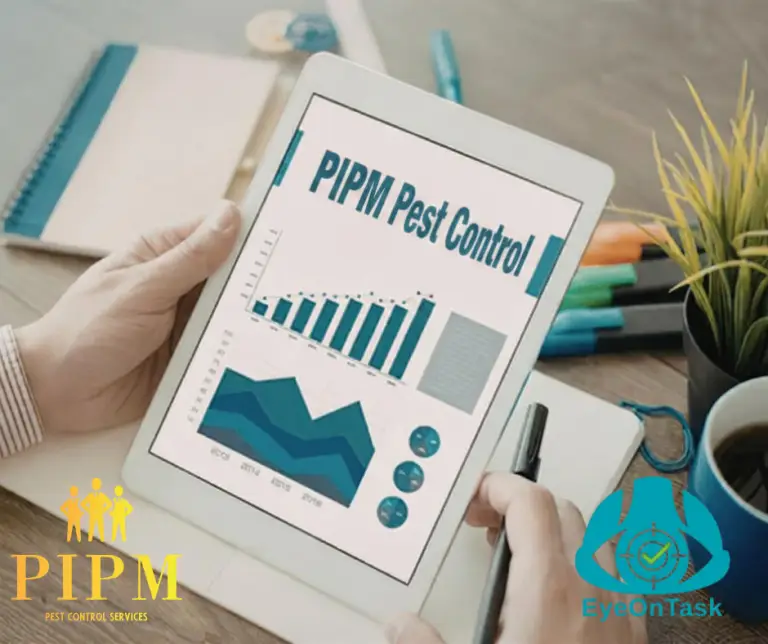 pest control A person holding a tablet displaying pest control digital reporting graphs and statistics for effective pest management. PIPM